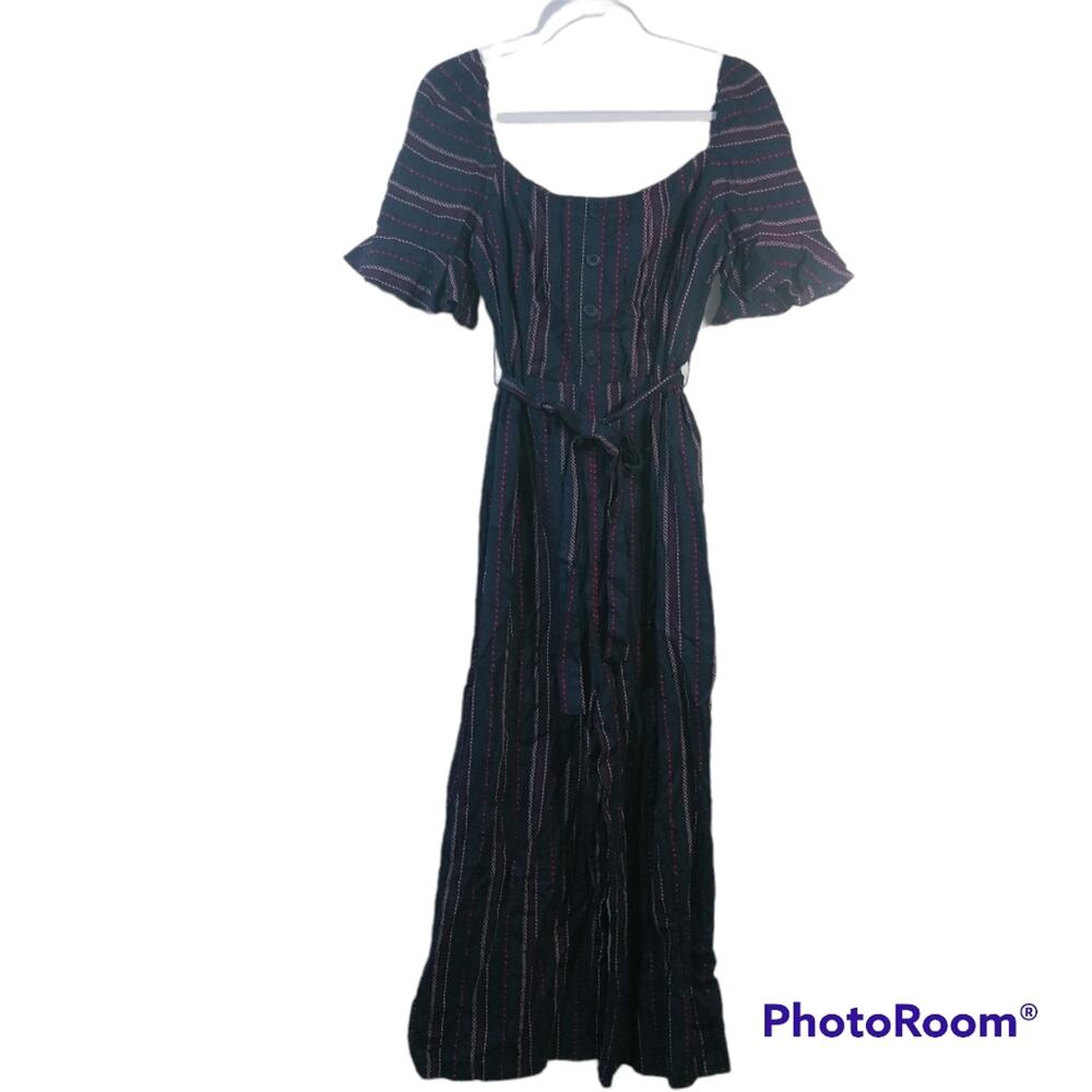 Umgee Blue Stripe Star Print Belted Off Shoulder Jumpsuit Size L